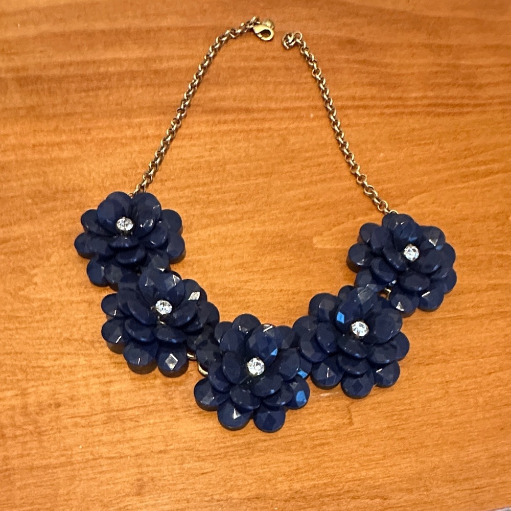 J Crew, Navy Floral Statement Necklace with Rhinestone Centers